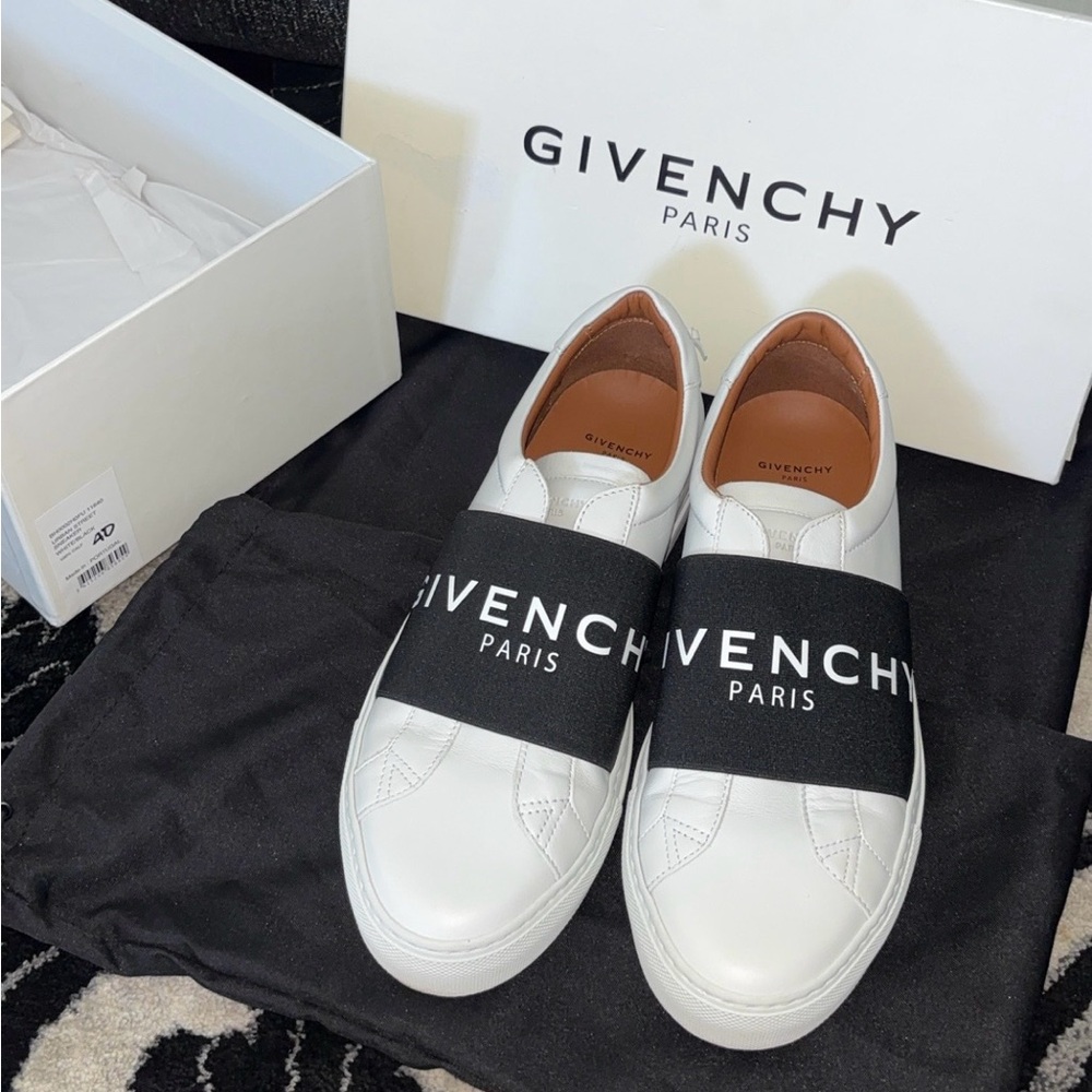 Givenchy White Leather Urban Street Slip-On Sneakers with Black Logo Band